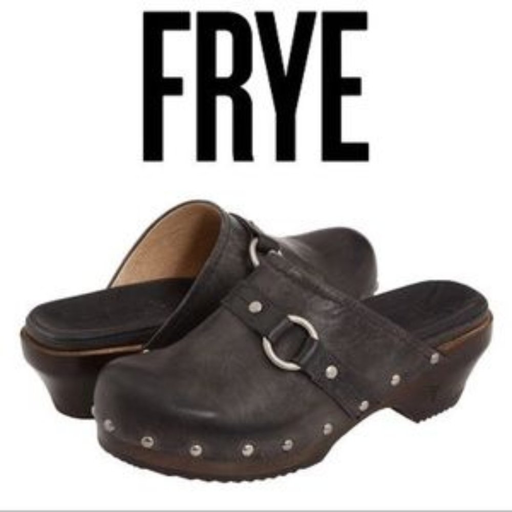 FRYE Clara Harness Studded Clog Mules Black